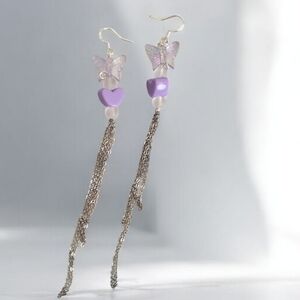 Holographic Butterfly Clear Butterfly Heart Frosted Bead Chain Dangle Earrings